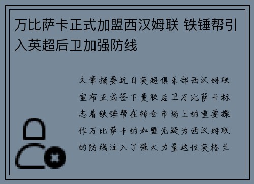万比萨卡正式加盟西汉姆联 铁锤帮引入英超后卫加强防线 万比萨卡正式加盟西汉姆联 铁锤帮引入英超后卫加强防线