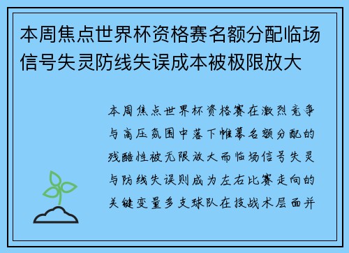 本周焦点世界杯资格赛名额分配临场信号失灵防线失误成本被极限放大