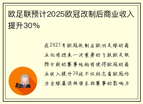 欧足联预计2025欧冠改制后商业收入提升30% 欧足联预计2025欧冠改制后商业收入提升30%